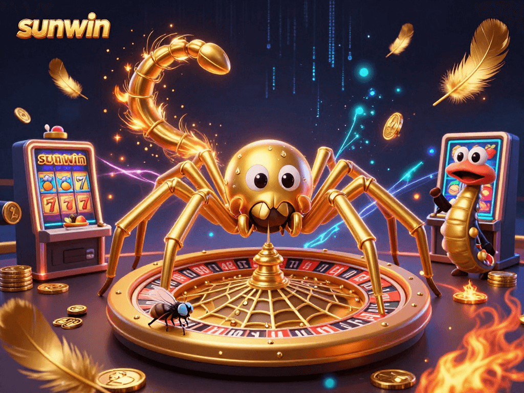 Sunwin slots illustration featuring a golden spider and centipede croupier in an engaging casino scene.