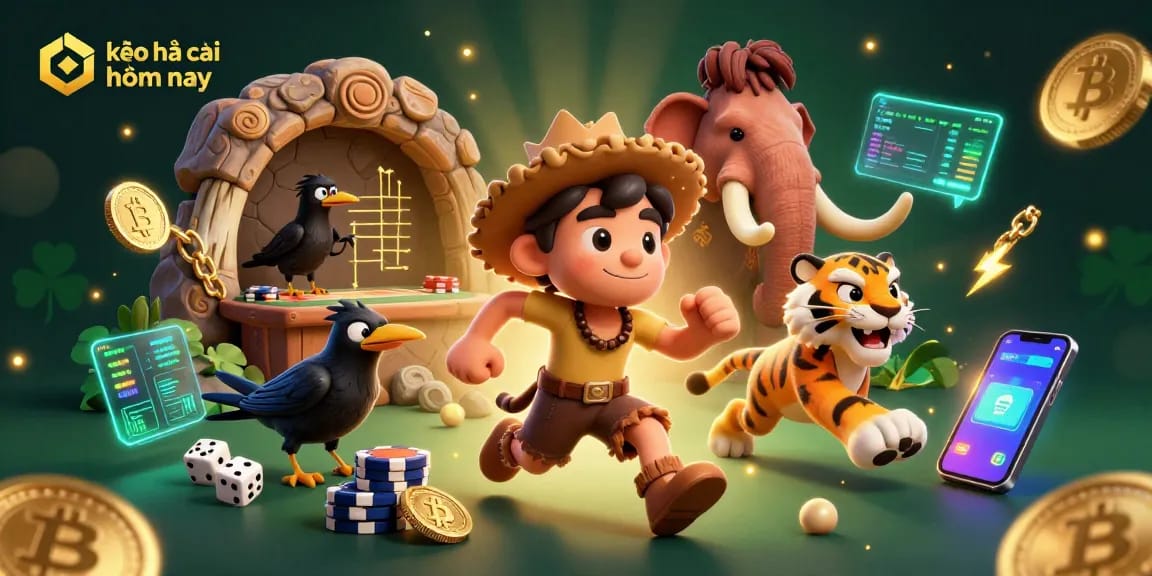 Engage in betting excitement with kèo nhà cái hôm nay at a vibrant prehistoric casino scene.