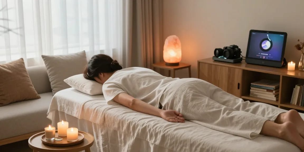Relaxing 김포출장마사지 experience in a cozy home setting with candles and soft lighting.