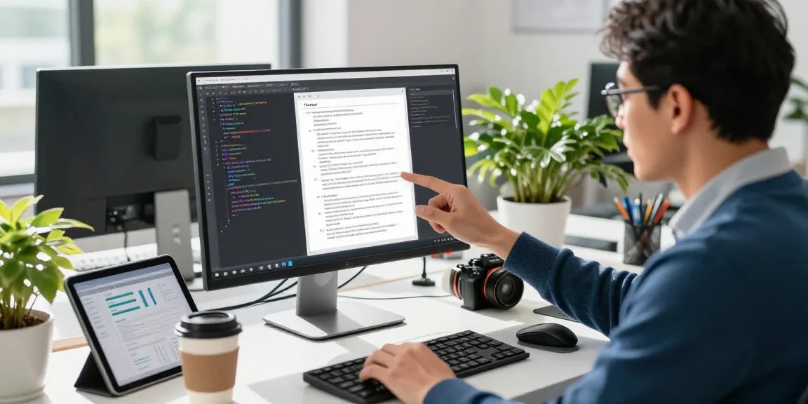 Data analyst engaged in document fraud detection analysis using high-resolution tools.