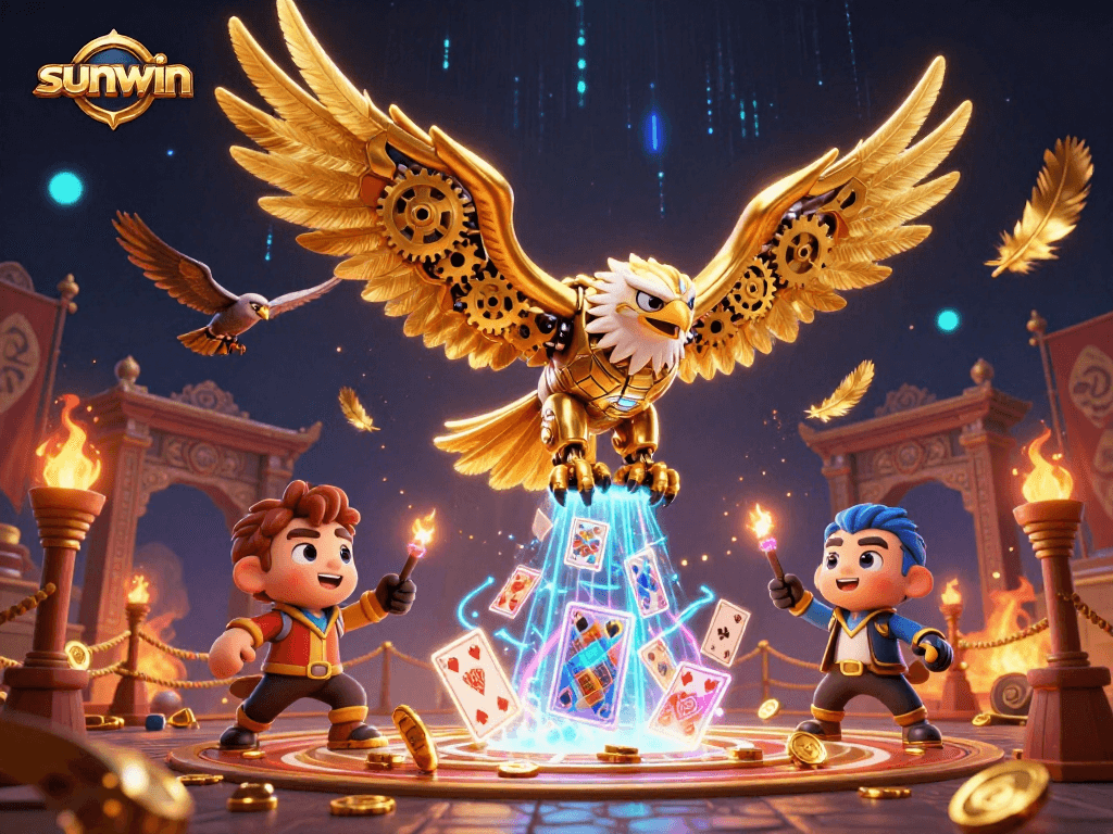 Bet on thrilling adventures with sunwin featuring a cybernetic eagle amongst holographic cards.