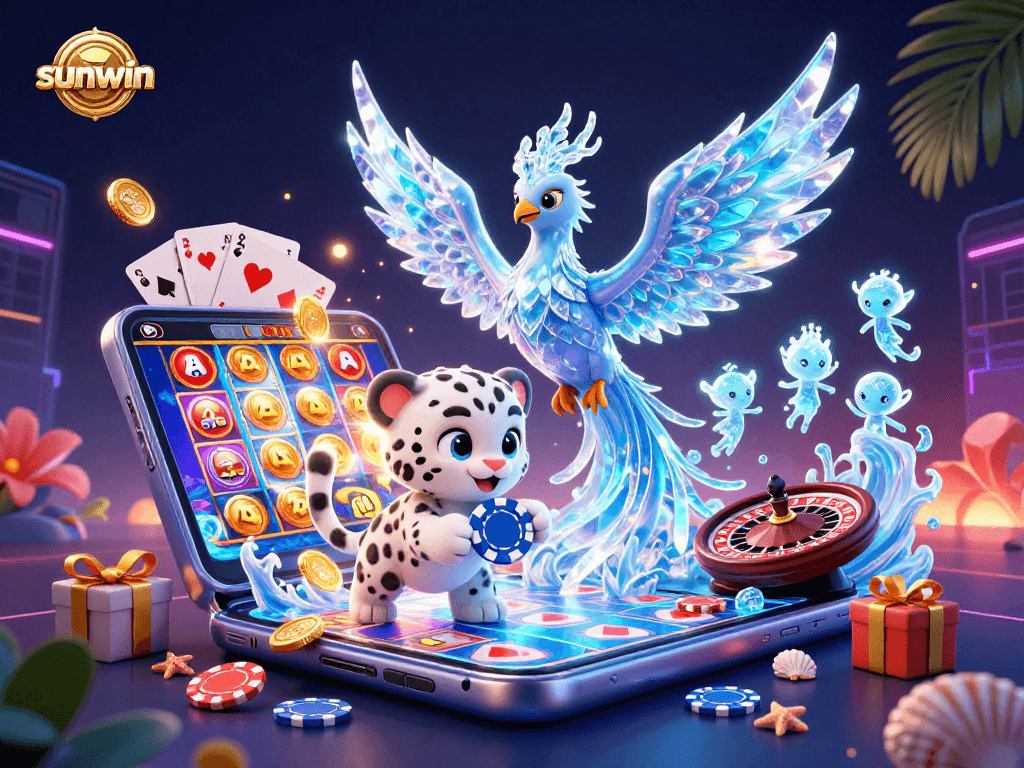 Engage with sunwin's dynamic slot game scene featuring an ice phoenix, snow leopard cub, and vibrant casino elements.