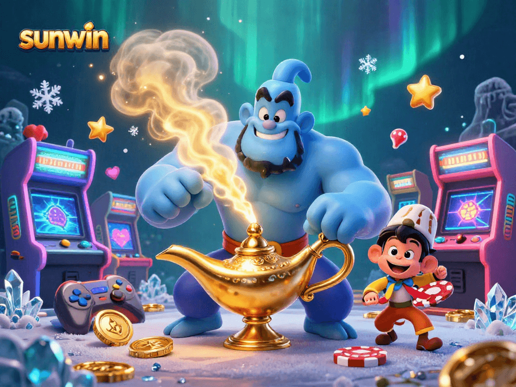 Engage with sunwin's exciting casino adventure featuring a blue genie, poker chips, and vibrant game elements.