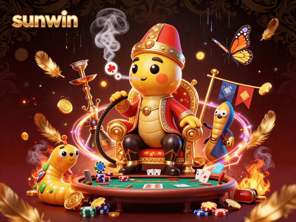 Engage in the sunwin poker arena, featuring a caterpillar master and vibrant casino elements.