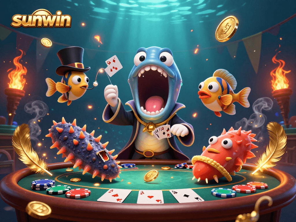 Join sunwin's electrifying poker scene featuring a fantasy eel magician, anglerfish, and sea cucumber.