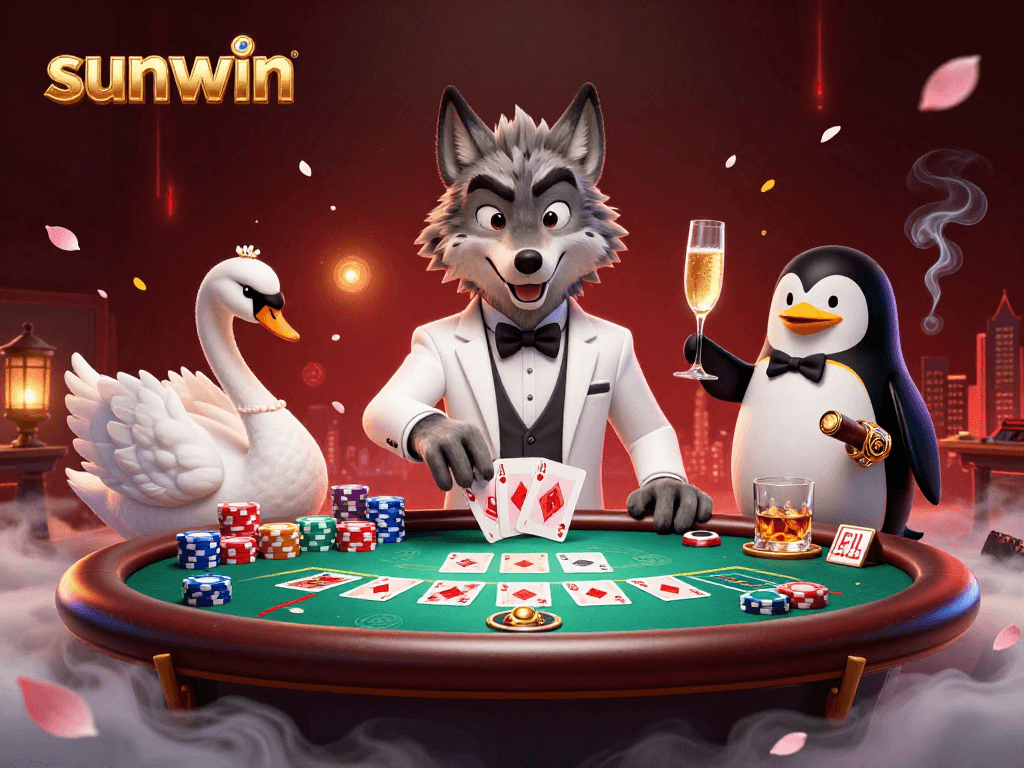 Experience winning with sunwin at a lavish baccarat table presented by whimsical characters.