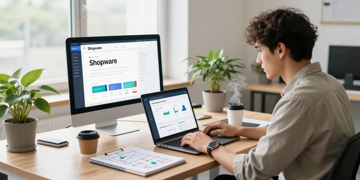Freelance Shopware Agency developer collaborating at a modern e-commerce workspace, showcasing professional tools and analytics.