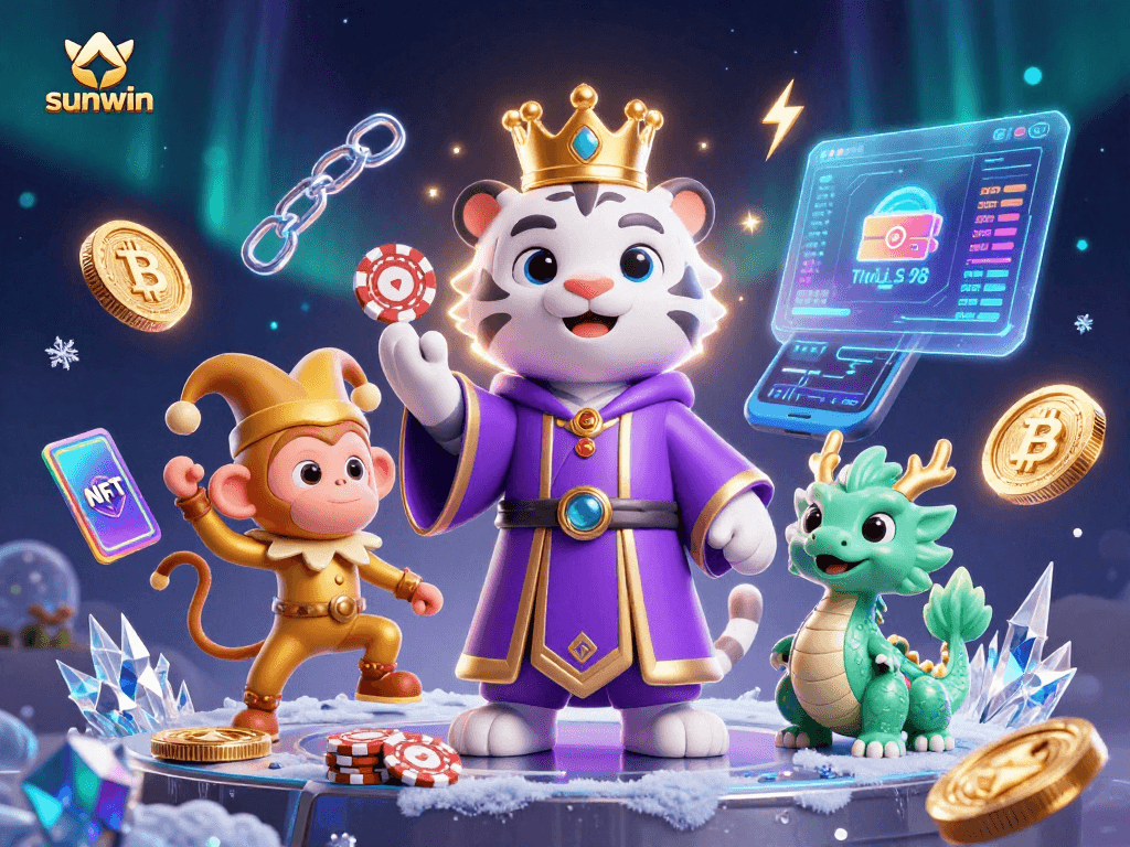 Join the sunwin adventure with a tiger, monkey, and dragon in an energetic casino setting.