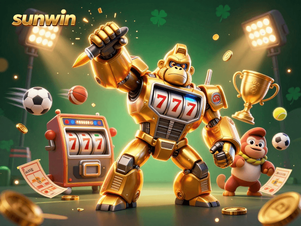 Experience sunwin with a vibrant 3D casino scene featuring a dynamic golden gorilla mech and sports elements.