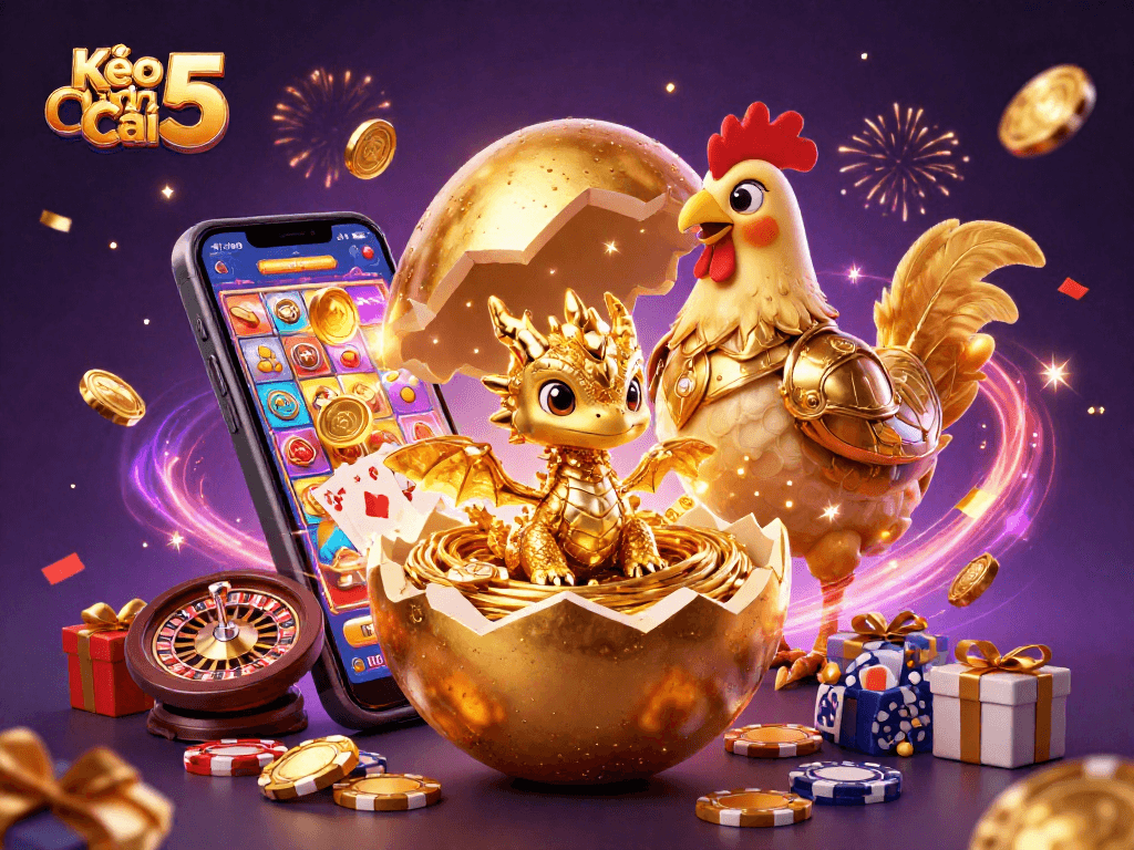 Kèo Nhà Cái 5 showcases a baby dragon in a nest of poker chips surrounded by dynamic casino game elements.