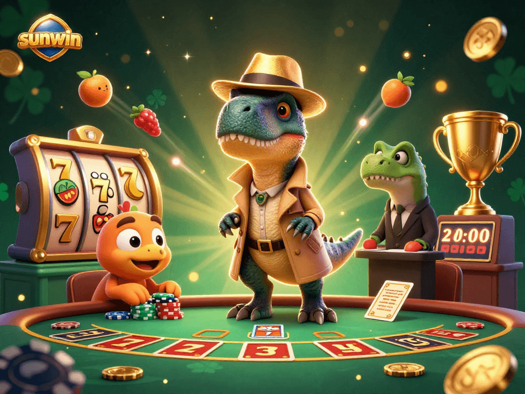 Bet on sunwin with a cartoon velociraptor card counter amid thrilling casino action.