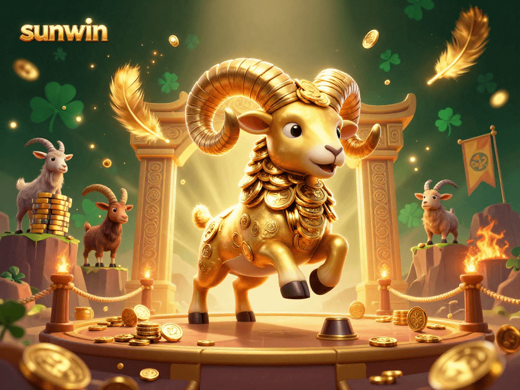 Experience the thrill of sunwin with a dynamic golden ram in a vibrant casino scene.