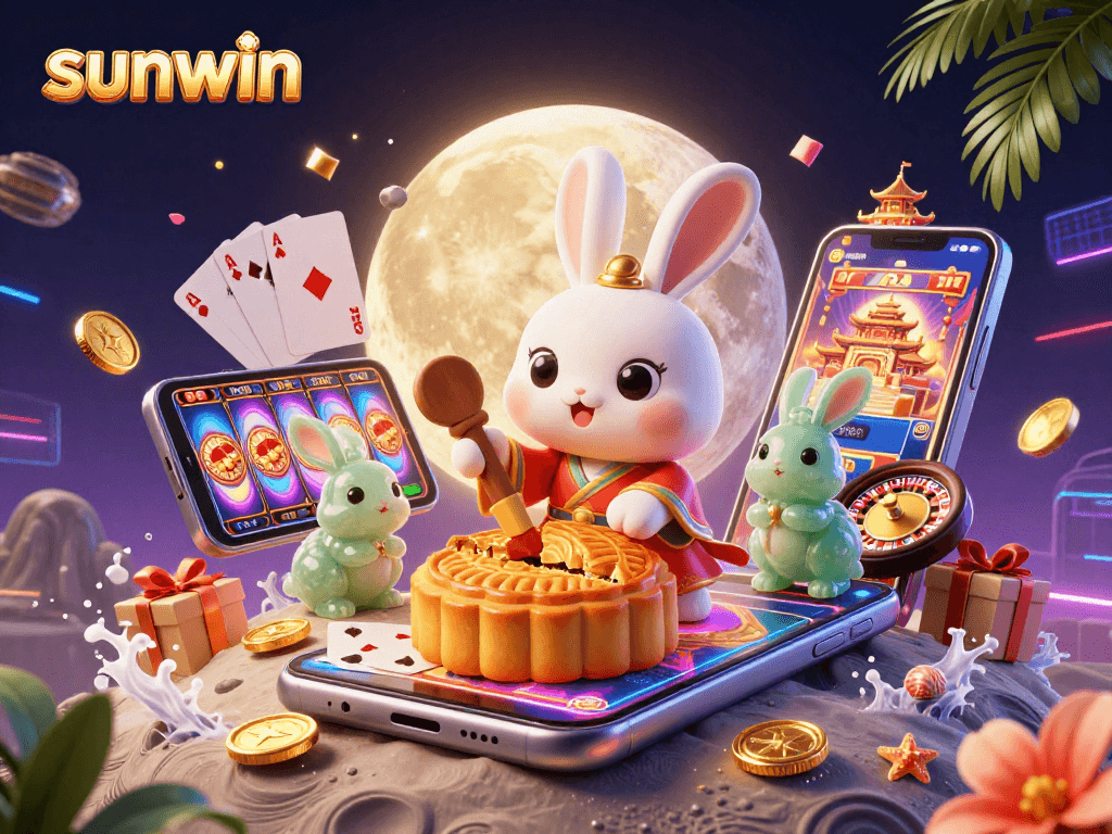 Experience thrilling slots action with the sunwin rabbit and poker chips in a lunar setting.