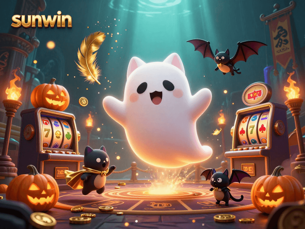 Engage with sunwin's thrilling haunted casino scene featuring a friendly ghost cat and a cape-wearing bat.