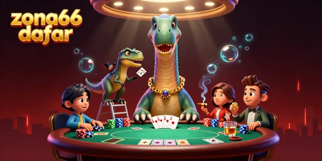 Menghadirkan suasana perjudian yang kaya detail di zona66 daftar dengan dinosaurus 3D dan elemen kasino.