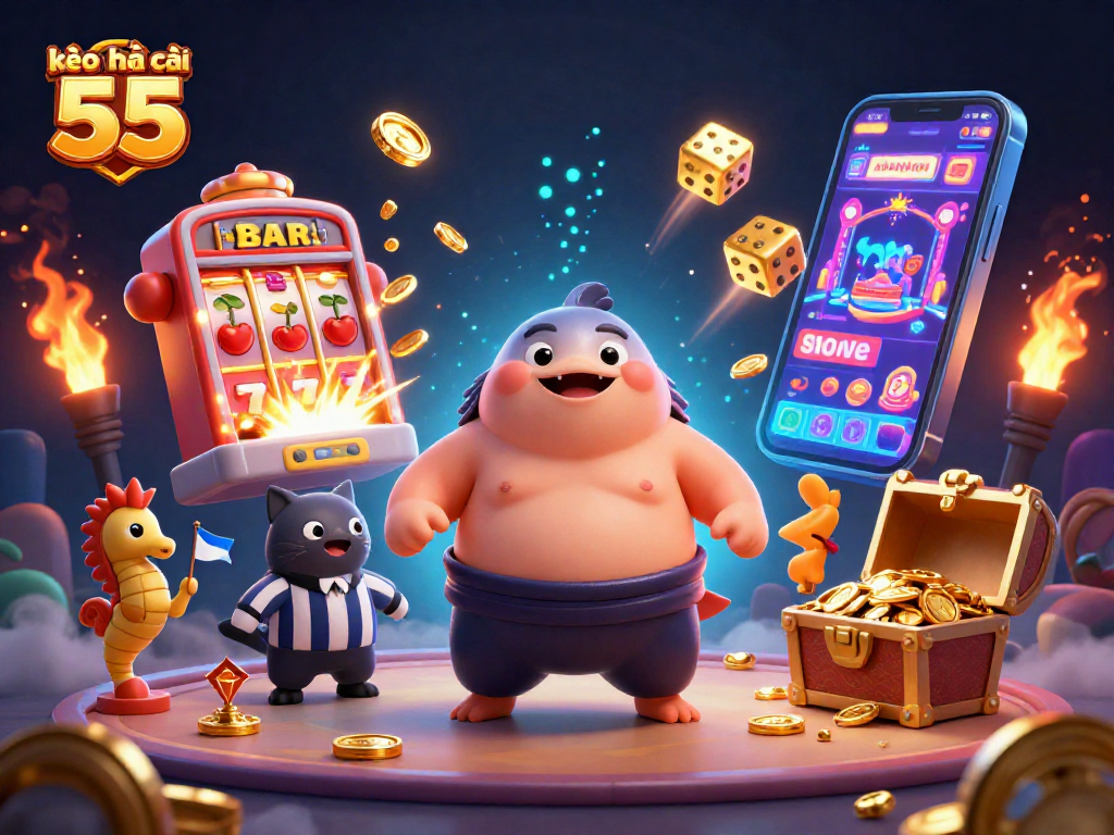 Engage with kèo nhà cái 55 in a vibrant underwater casino scene featuring a fugu, catfish referee, and slot machine.