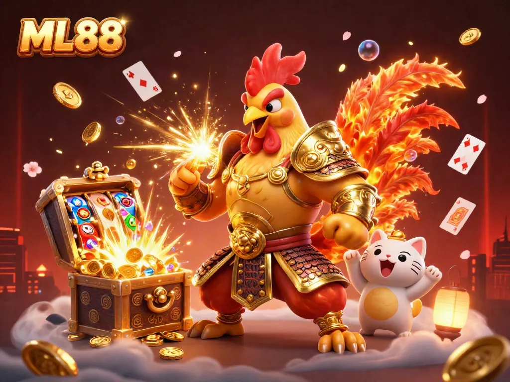 Join the excitement at ML88 with vibrant animated scenes of epic casino battles and treasure-filled adventures.