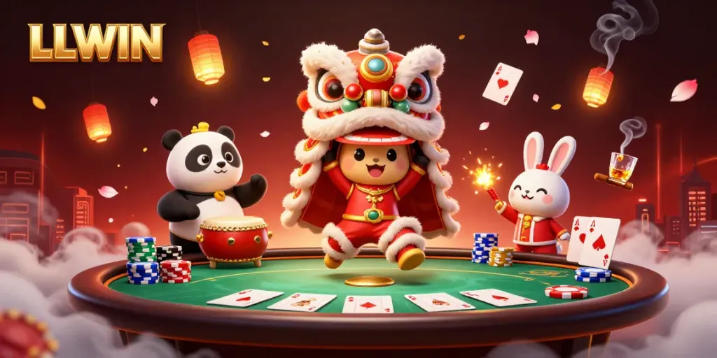LLWIN enhances gaming experience with a vibrant casino scene featuring playful characters in a lively atmosphere.
