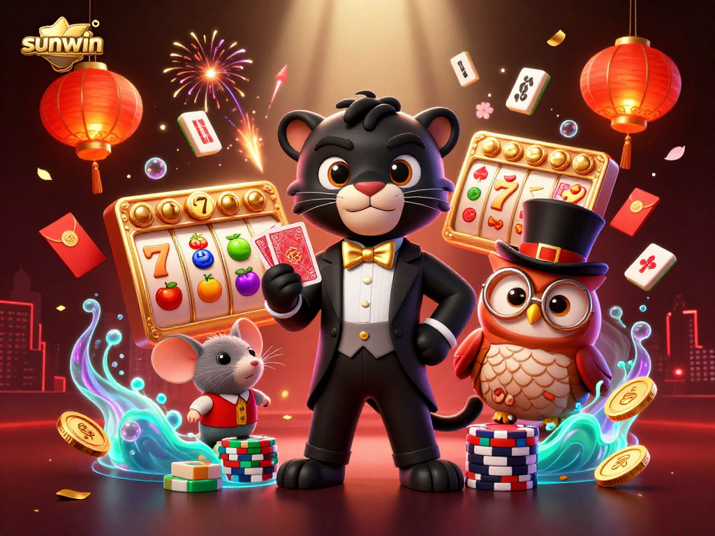 Win big with sunwin as illustrated by a stylish black panther, owl, and mouse in a vibrant casino scene.