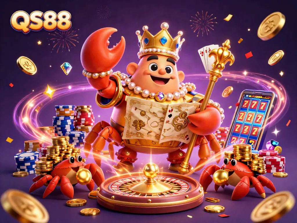 Engage with QS88's vibrant casino world featuring a golden crab emperor and dynamic game elements.