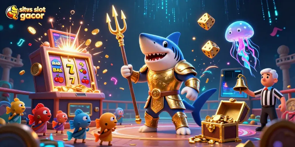Witness the excitement of situs slot gacor in an underwater colosseum with a tiger shark gladiator and vibrant casino elements.