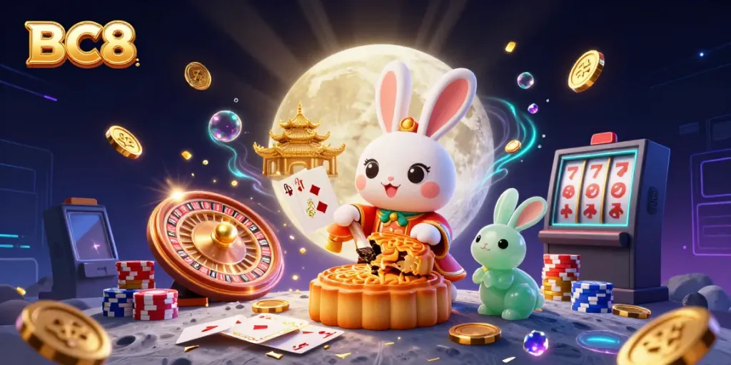 BC8 features a cartoon moon rabbit revealing poker chips from mooncakes amidst casino elements.