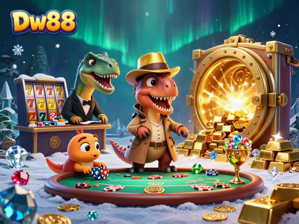 Experience thrilling blackjack with Dw88 as a velociraptor card counter and a stegosaurus pit boss in this dynamic casino scene.