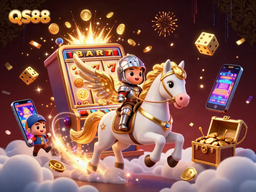 Experience the excitement of QS88 with a cartoon knight riding a celestial horse amidst a burst of casino winnings.