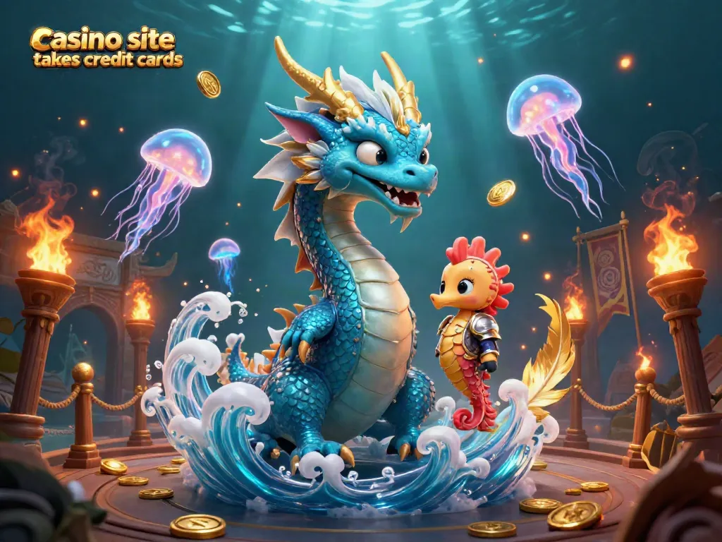 Exciting scene showing a casino site that takes credit cards, featuring a mystical water dragon, seahorse knight, and glowing jellyfish.