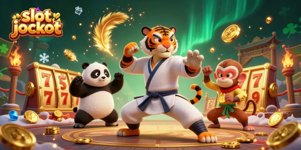 Raih kemenangan besar dengan mesin slot jackpot, ilustrasi master kung fu dan siswa di kasino.