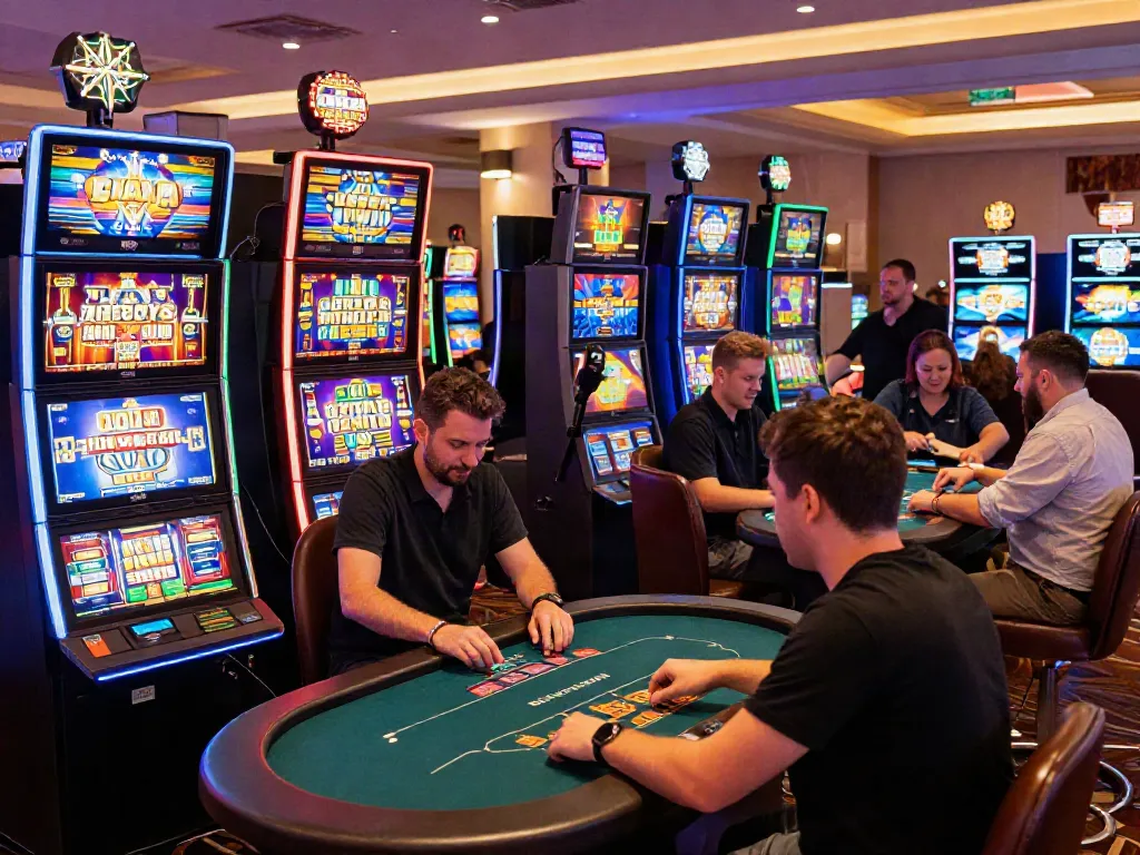 Players enjoying the lively atmosphere at credit card casinos with colorful lights and vibrant interactions.