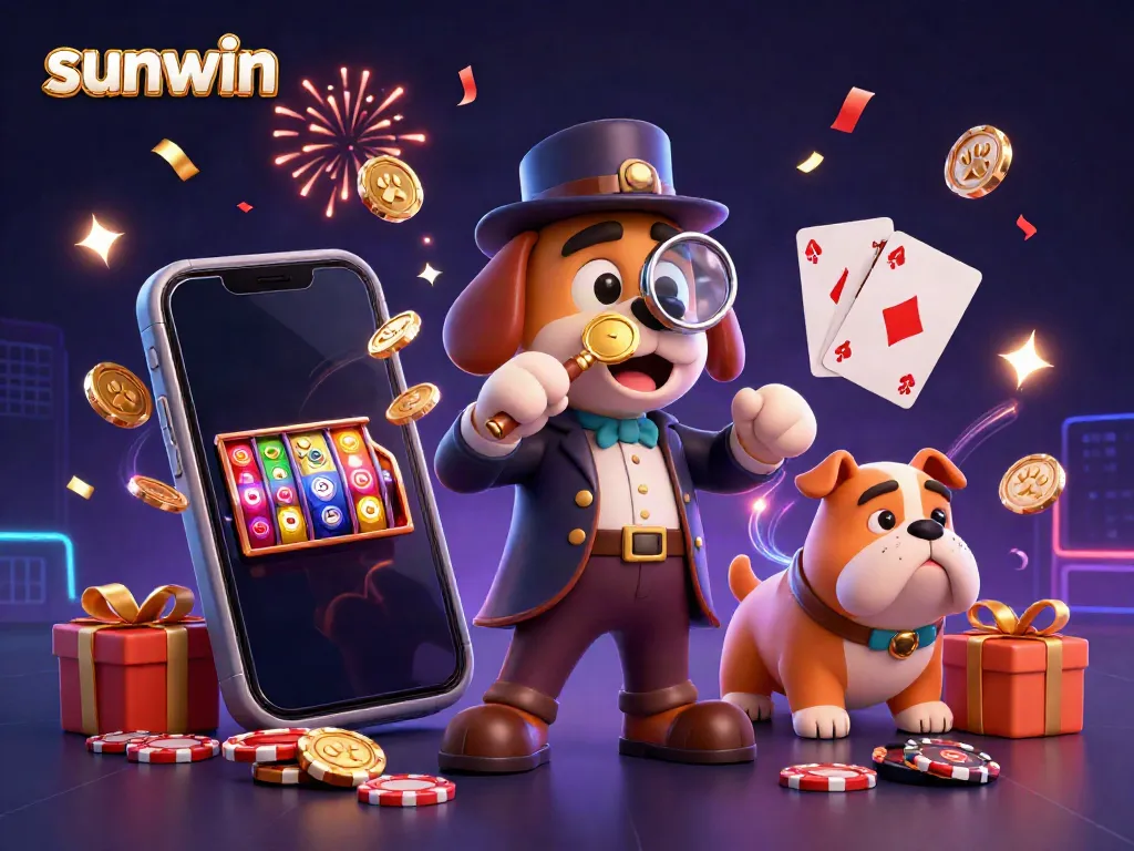 Engage with Sunwin's thrilling games in this vibrant 3D casino illustration, featuring lively characters and dynamic gaming elements.