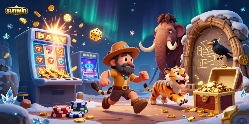 Experience the thrill of sunwin's prehistoric casino with cavemen and sabertooth tiger in action.