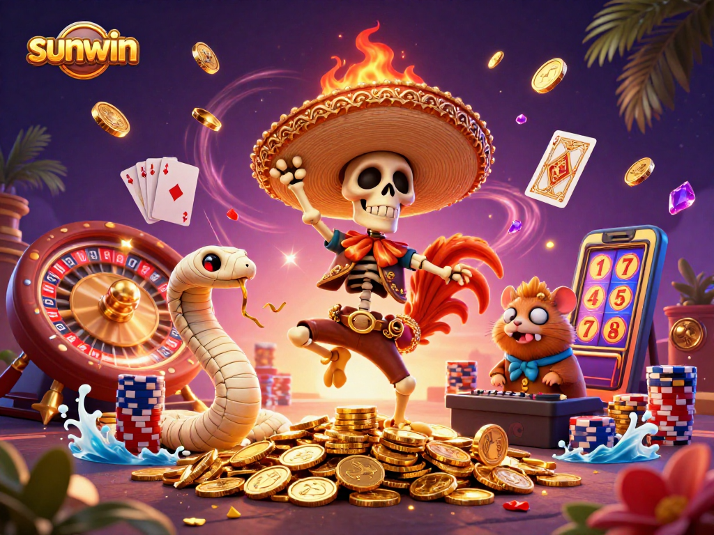 Join the sunwin team as the mariachi rooster celebrates a jackpot with spinning roulette and vibrant chips!