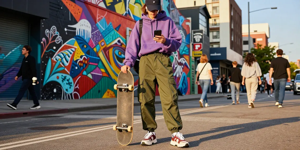 Stylish individual in trendy streetwear showcasing rokok88 spirit on bustling urban street.