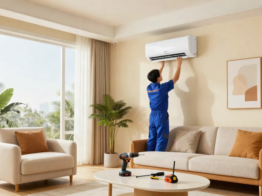 Installation of a 2400 btu mini split in a modern living room by a technician.