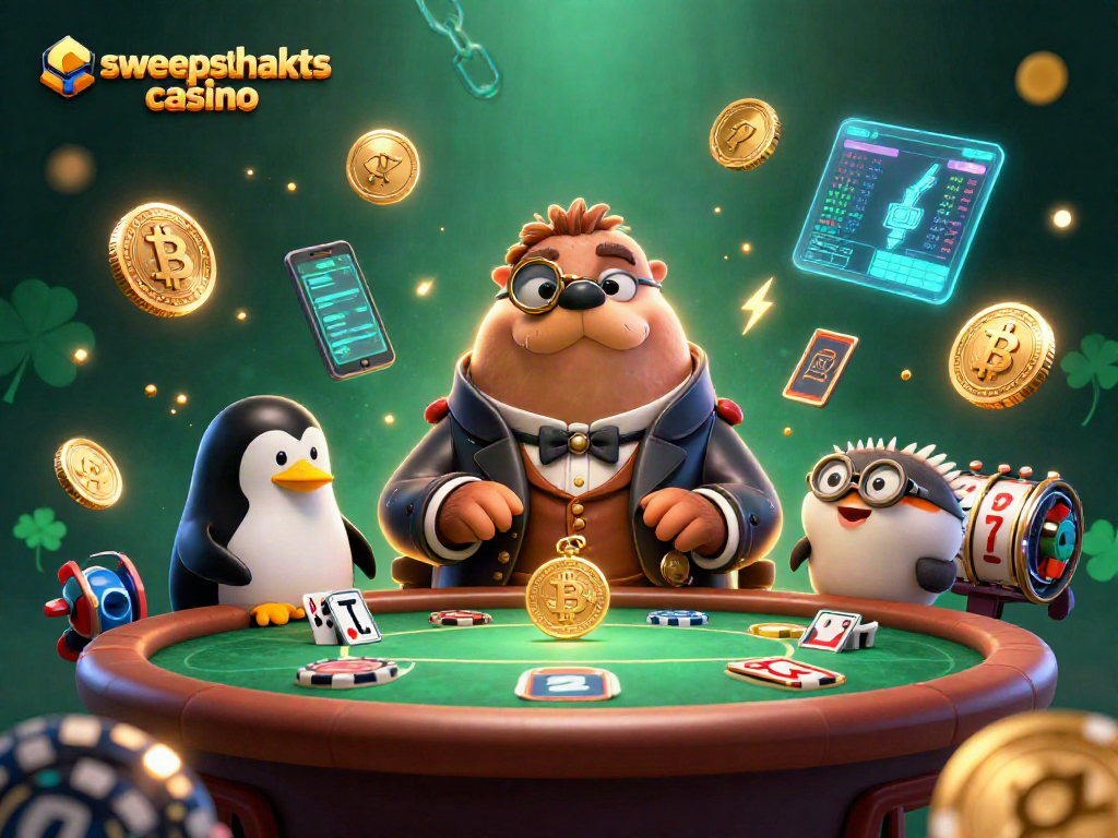 Experience the excitement of sweepstakes casino gaming with this vibrant 3D illustration of characters at a poker table.