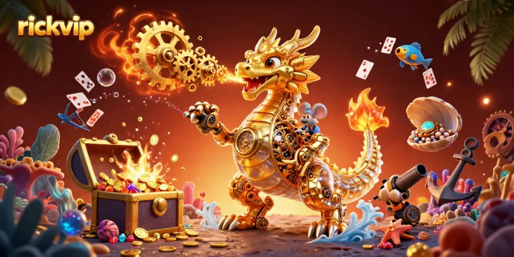 Experience thrilling gameplay at rickvip with an engaging illustration of a golden dragon surrounded by dynamic game elements.