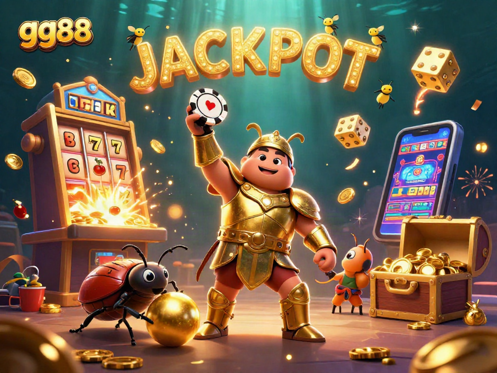 gg88 celebrates a jackpot with cartoon beetles and casino elements in a vibrant scene.