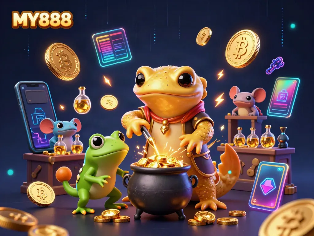 Experience exciting gaming with MY888 in this vibrant 3D casino illustration showcasing alchemy and gold.