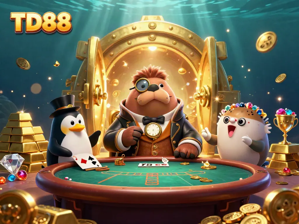 Experience the excitement of TD88 with a jolly walrus bluffing at a lively underwater poker game.