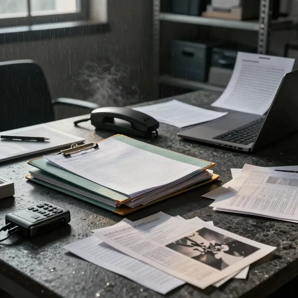 Dim newsroom evidence spread with folders, source sheets, laptop, phone, recorder, and photos