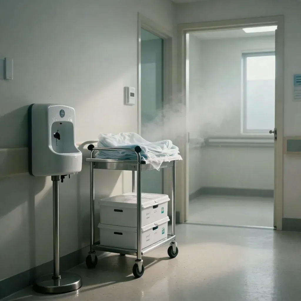 Medical intake corridor with sanitizer station, respirator boxes and supply cart in cool clinical light.