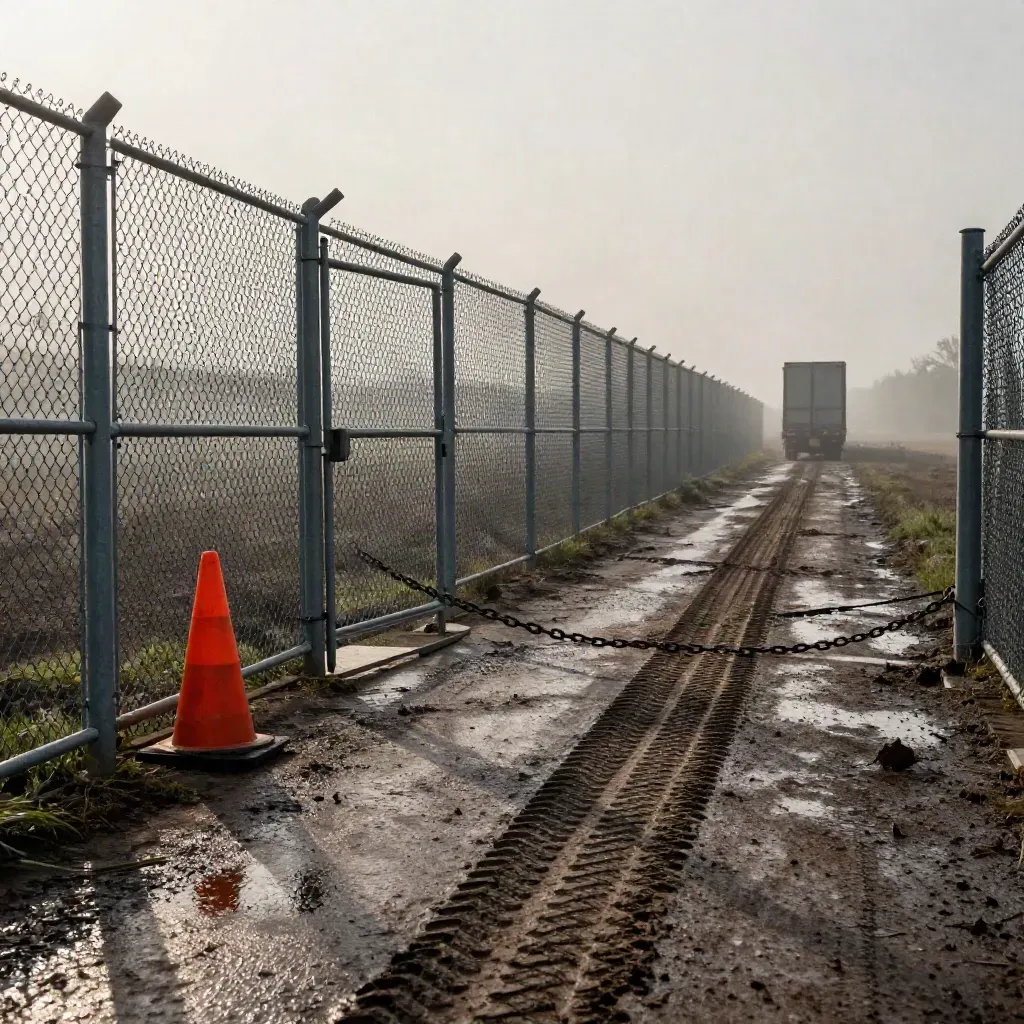 Empty border lane with chain-link fence, cones, locked gate, wet ruts, and a distant freight trailer.