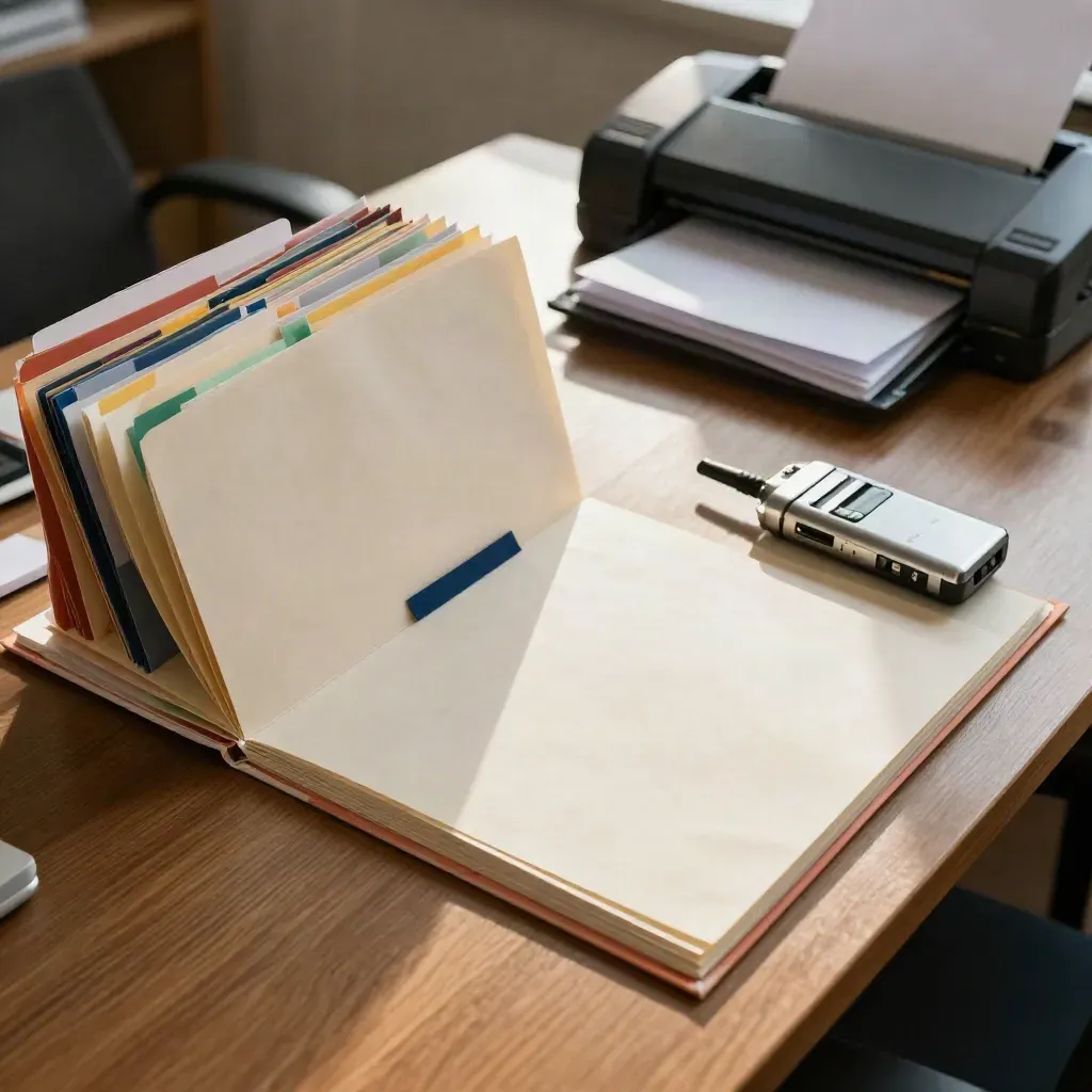 Verification folders, recorder, and scanner on a sunlit editorial table
