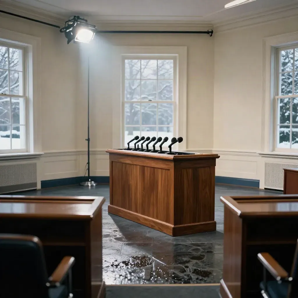 Empty press briefing room with podium, microphones, flags and shadowed paneled walls