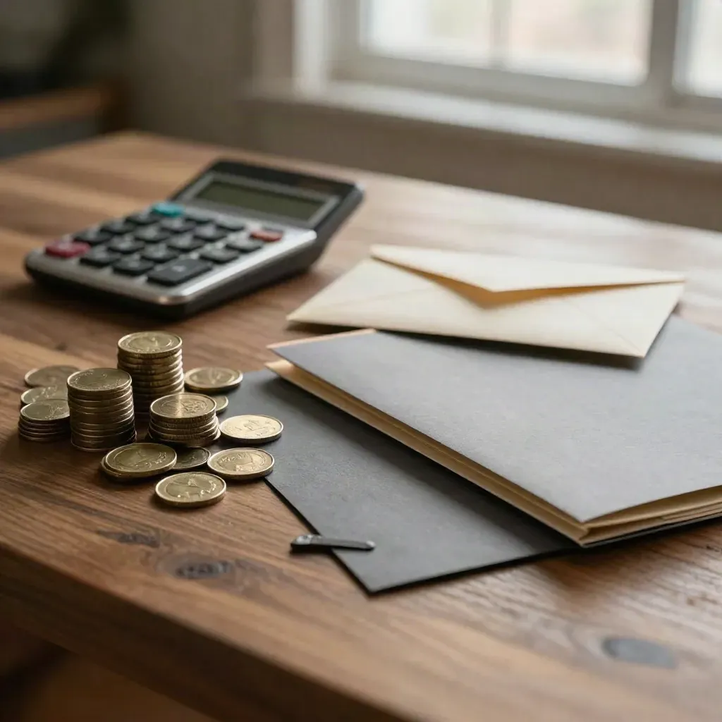 Coins and tax papers on a warm kitchen table, calculator soft behind, in evening lamp haze.