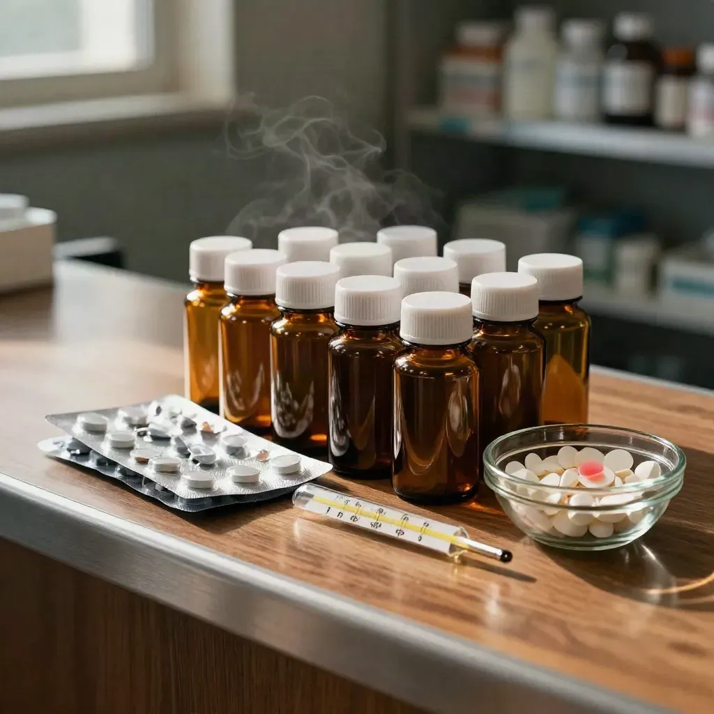 Amber medicine bottles, blister packs, thermometer, and pill bowl on a pharmacy counter.