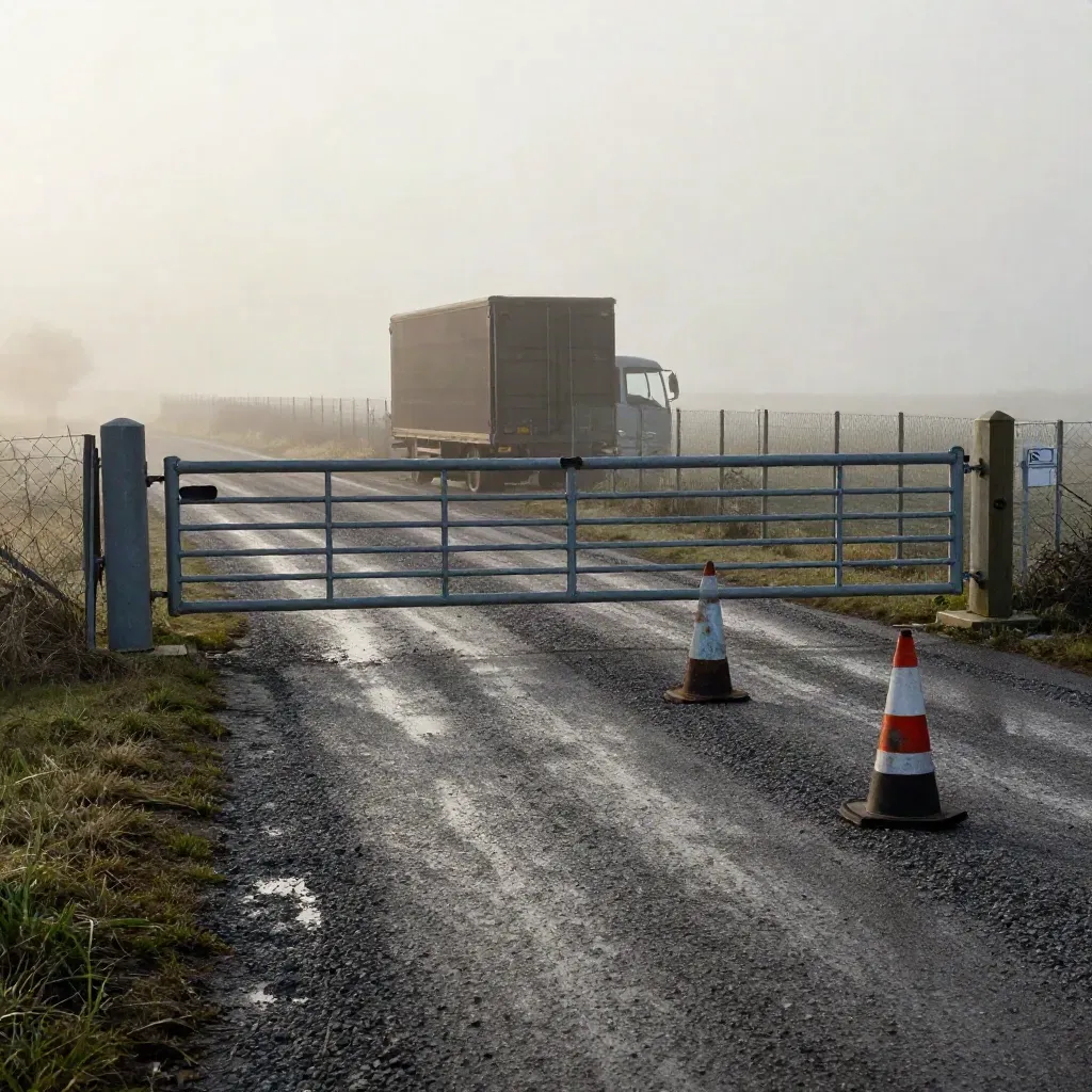 Foggy rural border gate with wet tracks, cones, and a trailer silhouette beyond the fence.