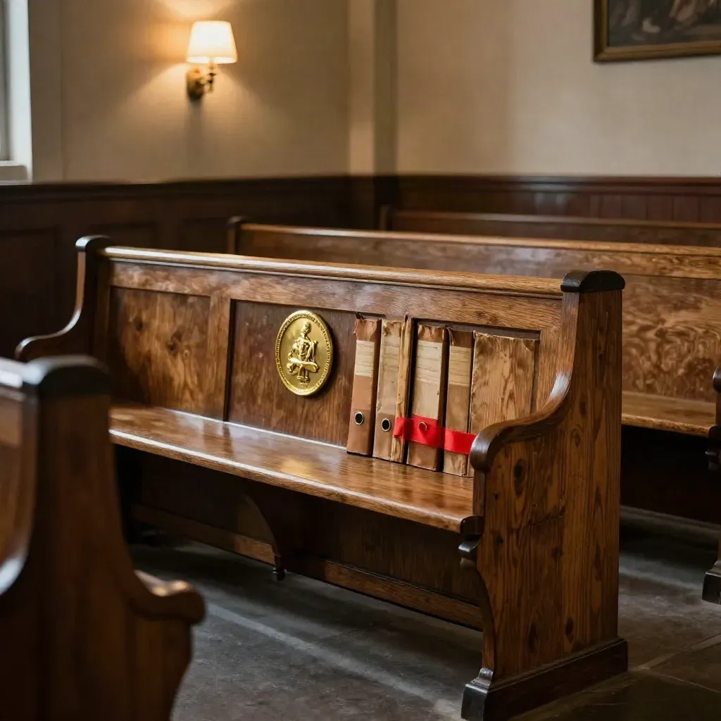 Empty courthouse bench with case binders, brass seal, and warm lamp light in a quiet chamber.